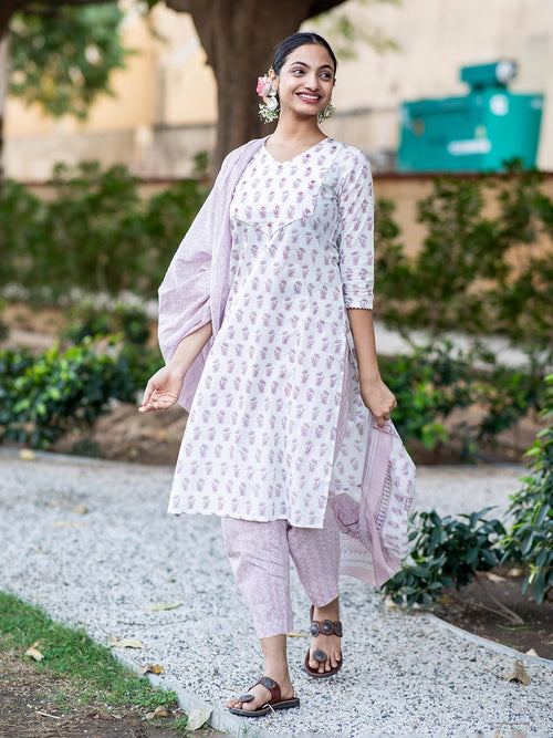 Hand Printed 3-Piece Kurta Set with Sequined Mirror Work