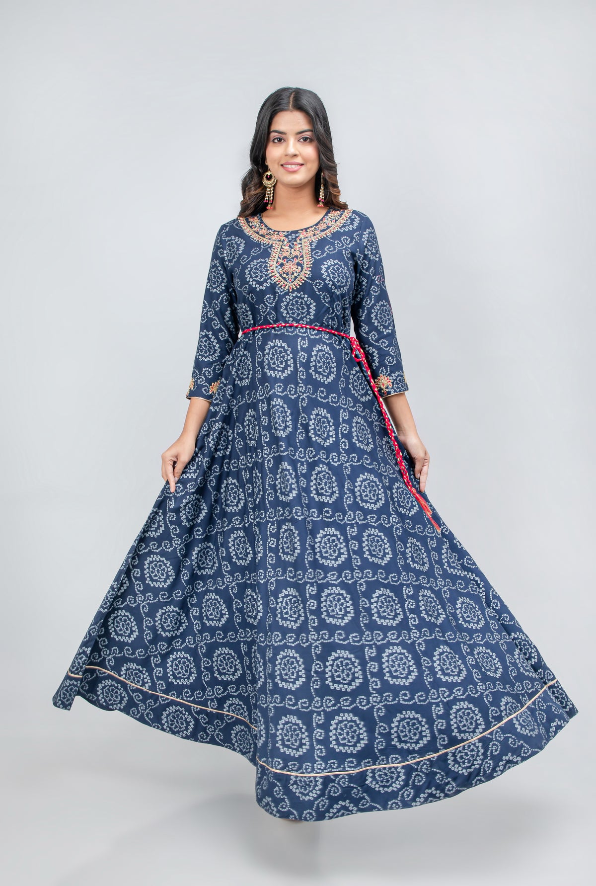 Hand Embellished Bandhej Printed Floor-Length Dress