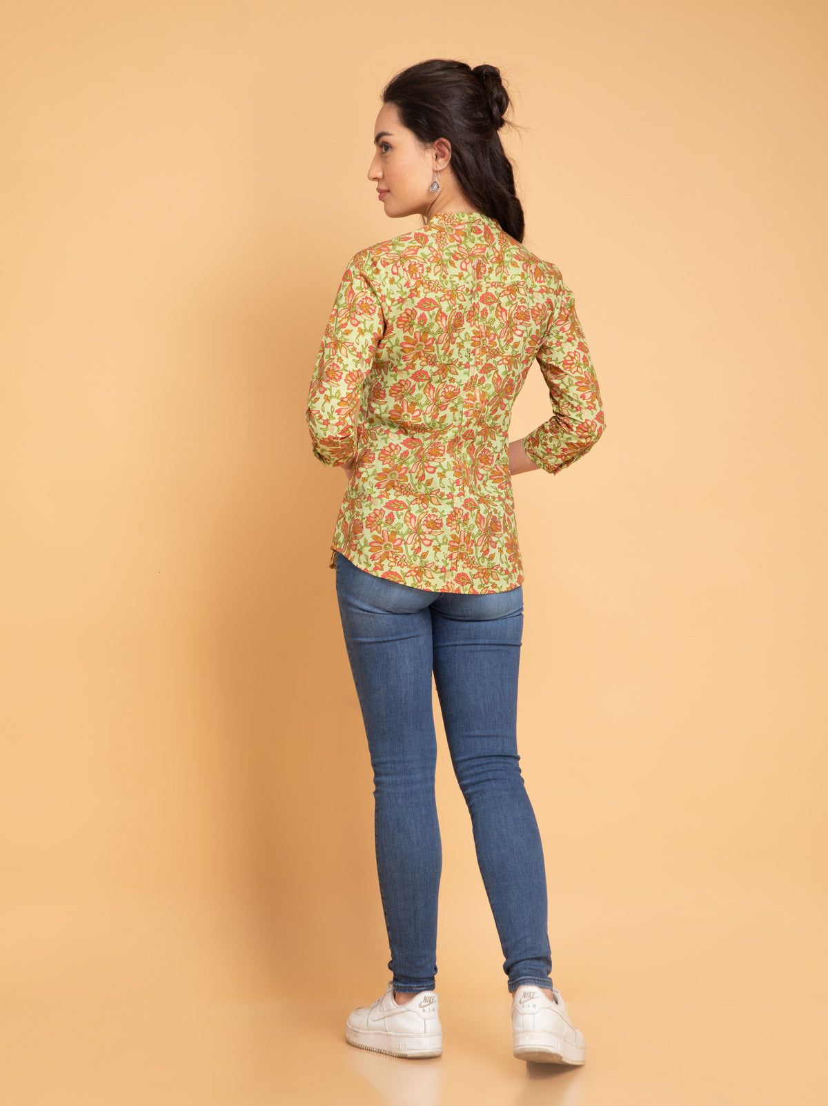 Mul Cotton Floral Printed Short Top with Pintuck Details