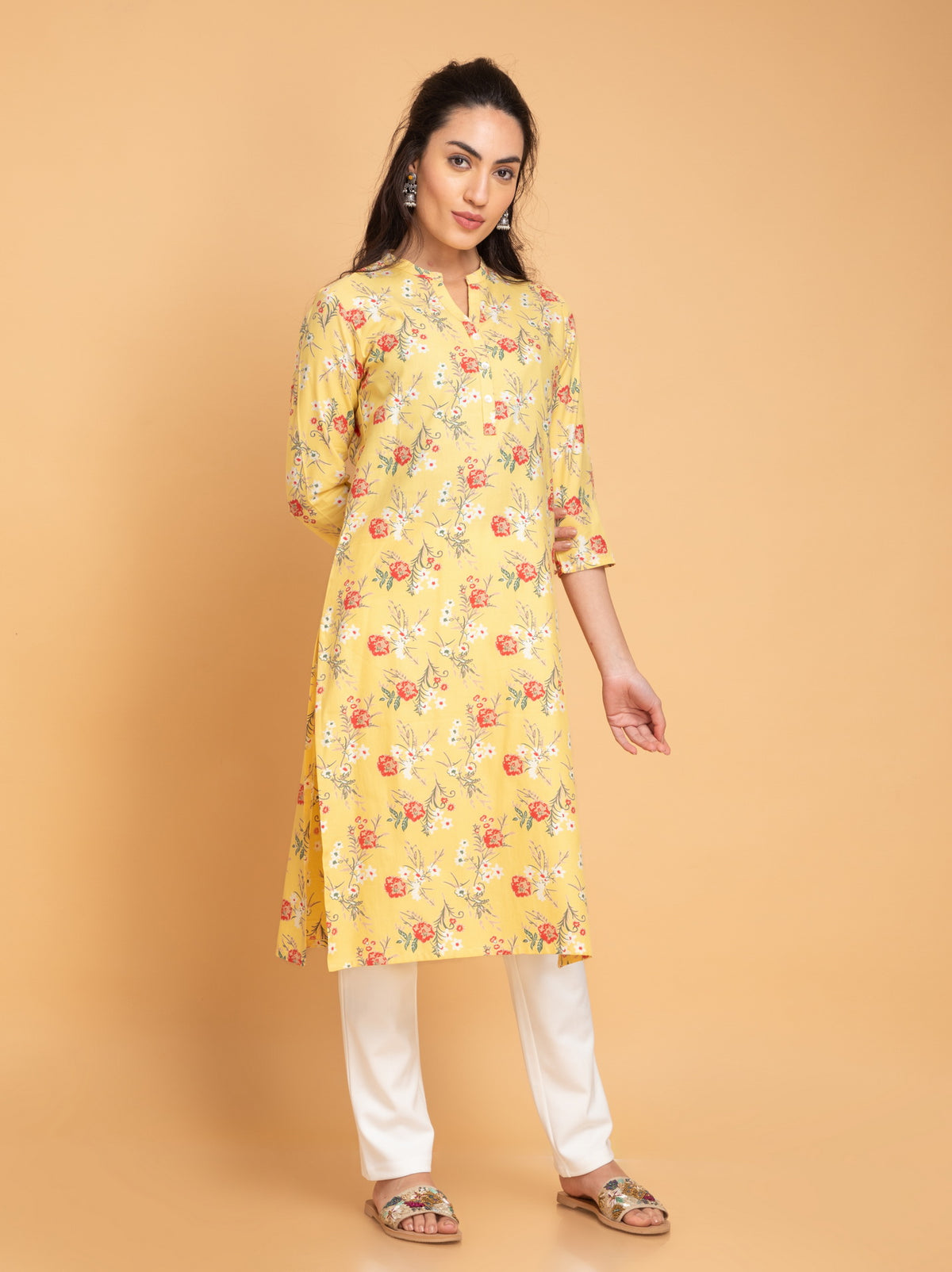 Floral Printed Placket Long Kurta