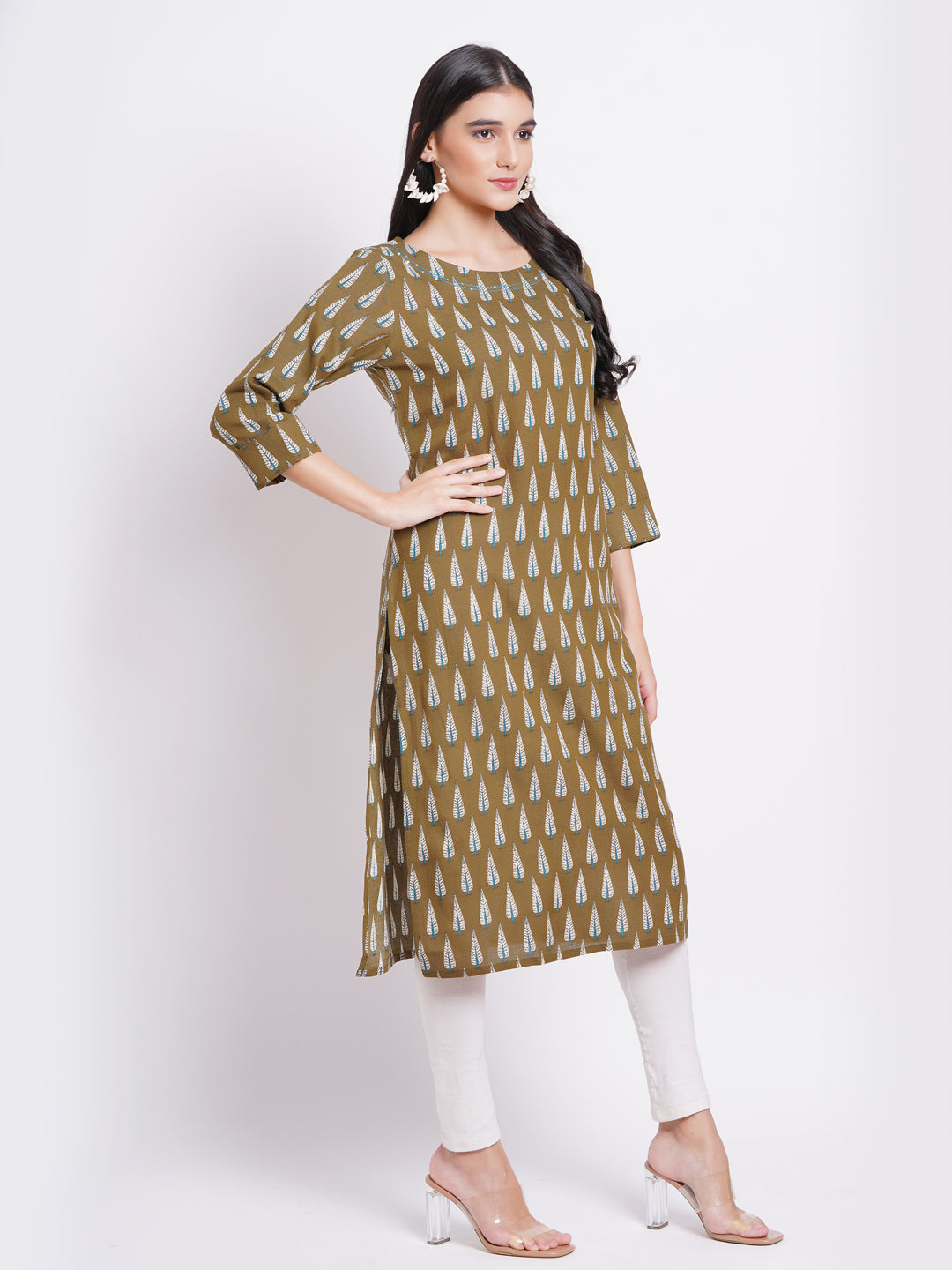 Rayon Linen Printed Boat Neck Kurti with Handwork Details