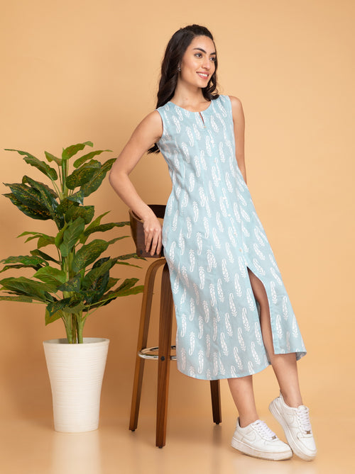 PRINTED KALIDAR LONG DRESS EMBELLISHED WITH BUTTON DETAILS