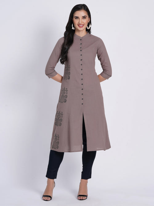 Hand Block Printed A-Line Kurti with Metal Buttons