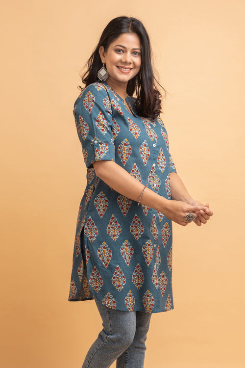 Cotton Ajrak Printed Short Kurti