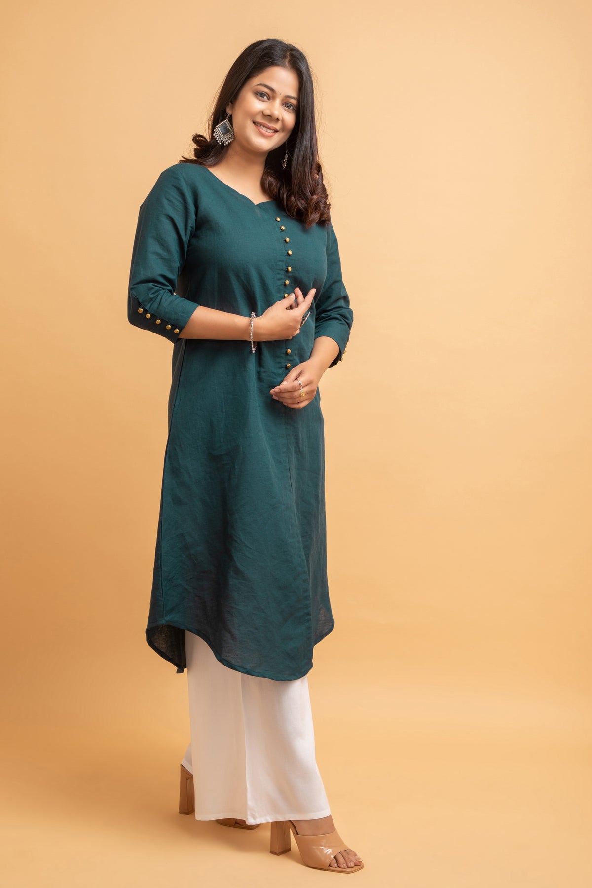 Cotton Linen Long Kurti with Button Detail