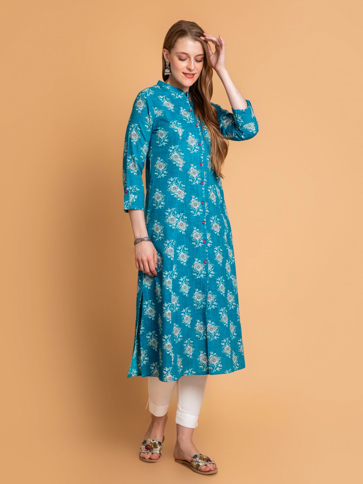 FLORAL PRINTED A-LINE KURTI EMBELLISHED WITH BUTTON DETAILS