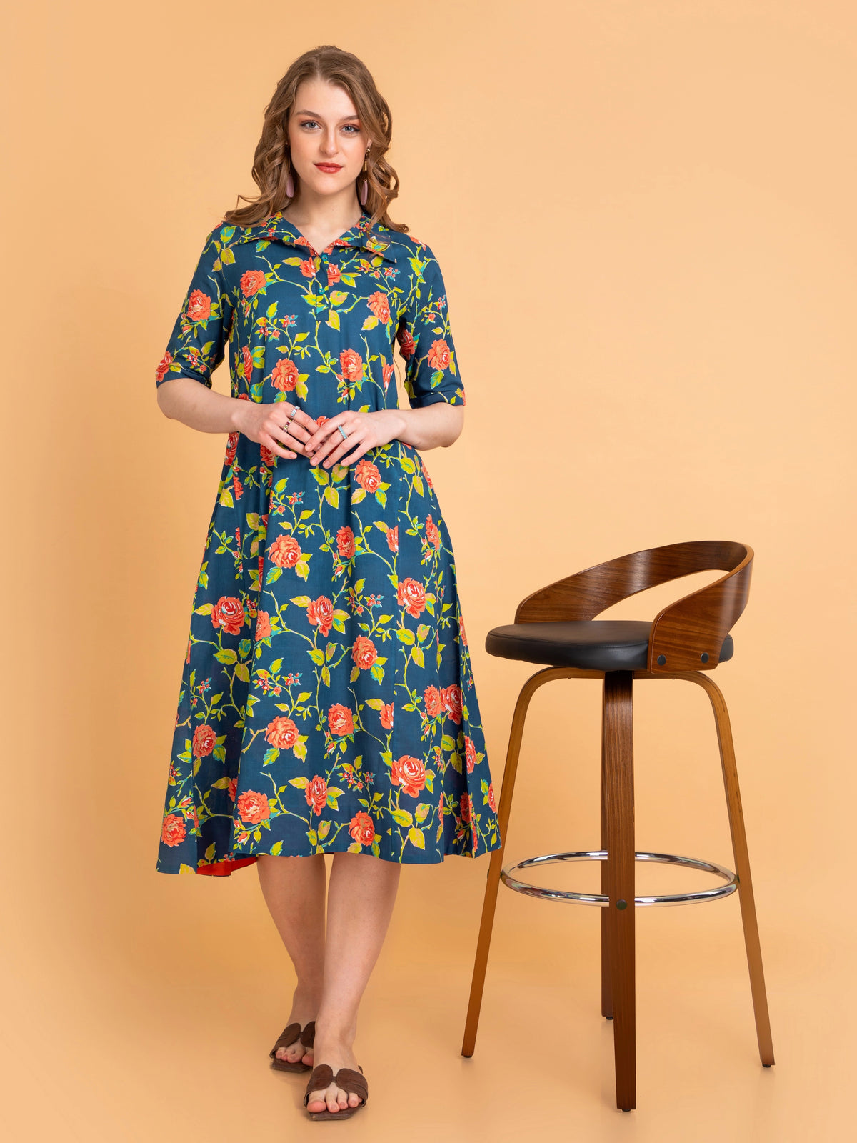 Mul Cotton Floral Print Flared Long Dress