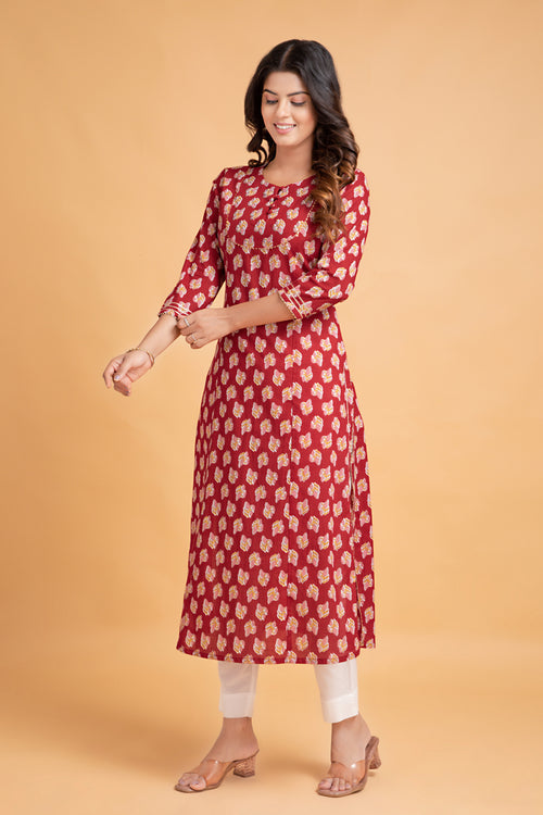 Floral A-Line Long Kurti with Craft Buttons & Lace Work