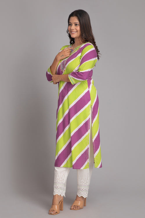 Leheriya Print Embroidered Kurta With Chiffle Solid Straight Pants