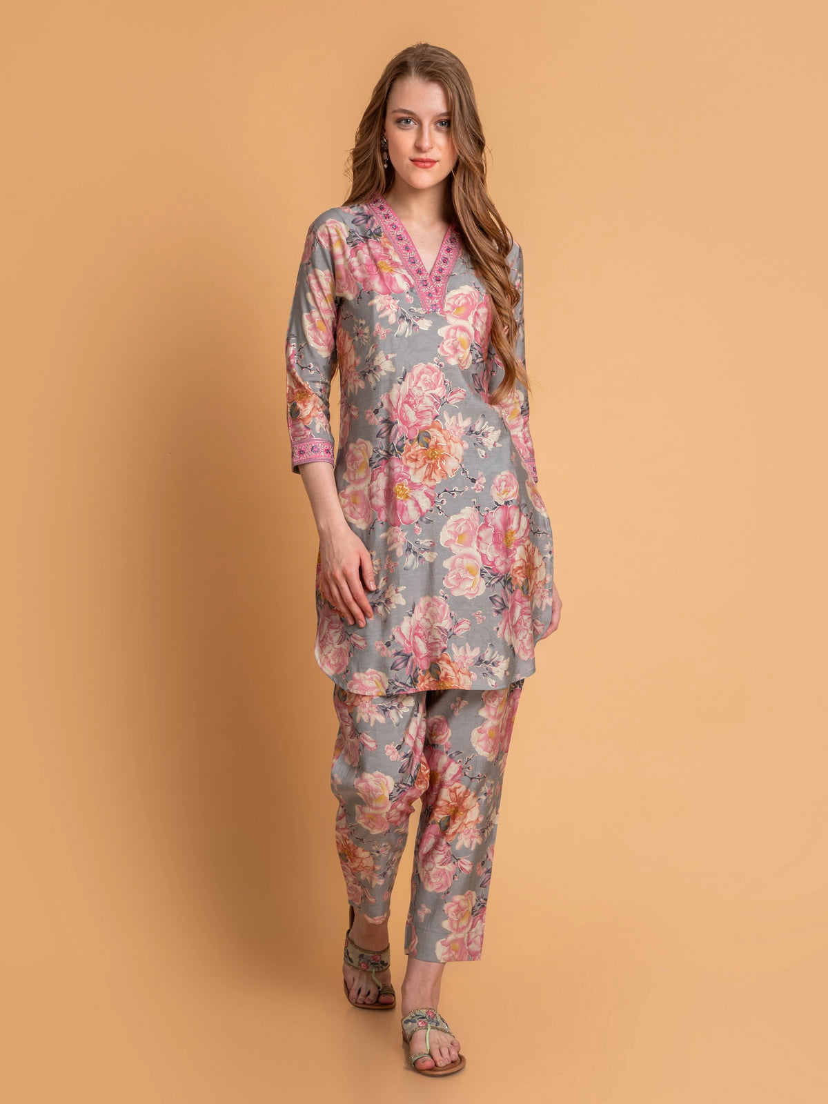 Floral Printed Co-ord Set with Embroidery Detail