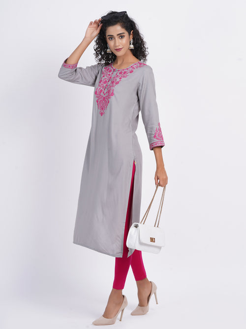 Chikankari Embroidered Rayon Long Kurti with Craft Buttons