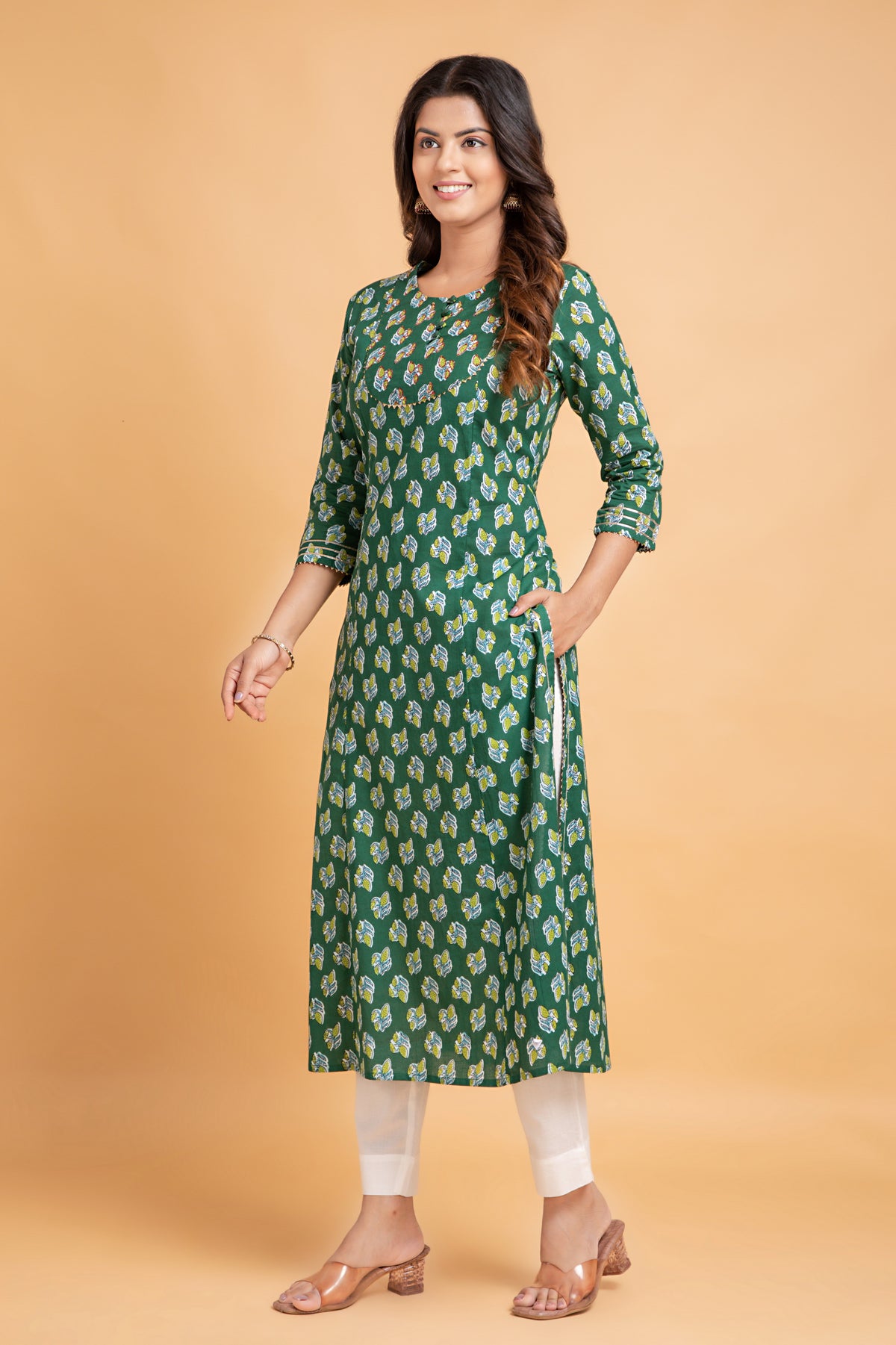 Floral A-Line Long Kurti with Craft Buttons & Lace Work