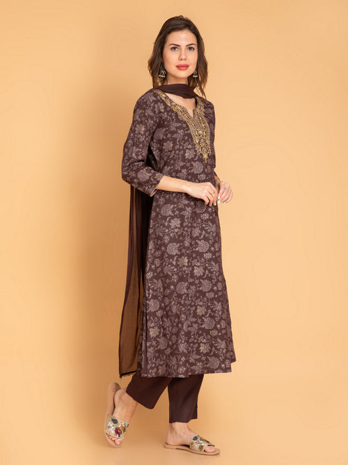 A-Line Gold Printed 3-Piece Kurta Set with Zari Embroidery