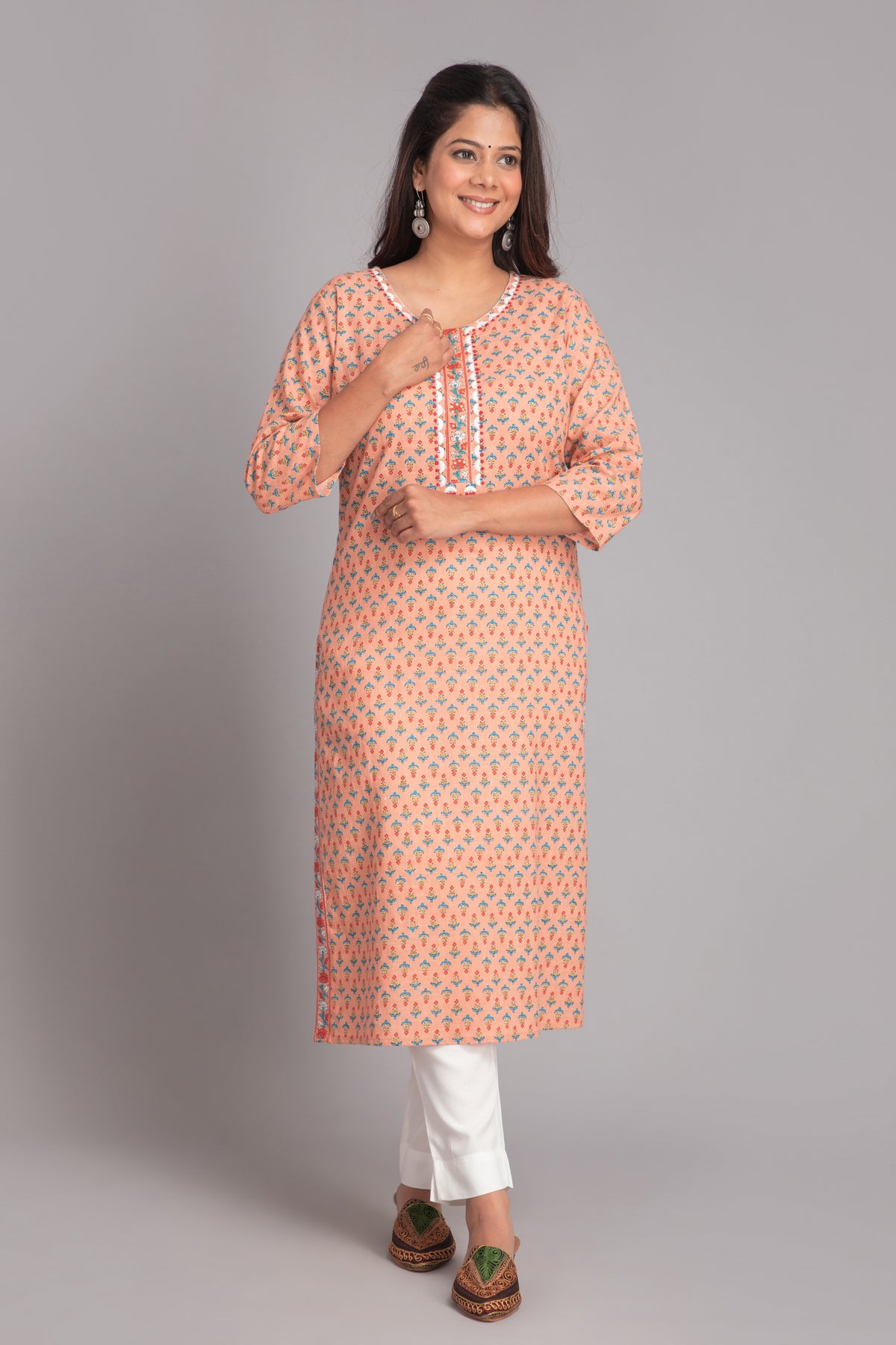 Printed Long Kurti with Embroidery & Sequins Work