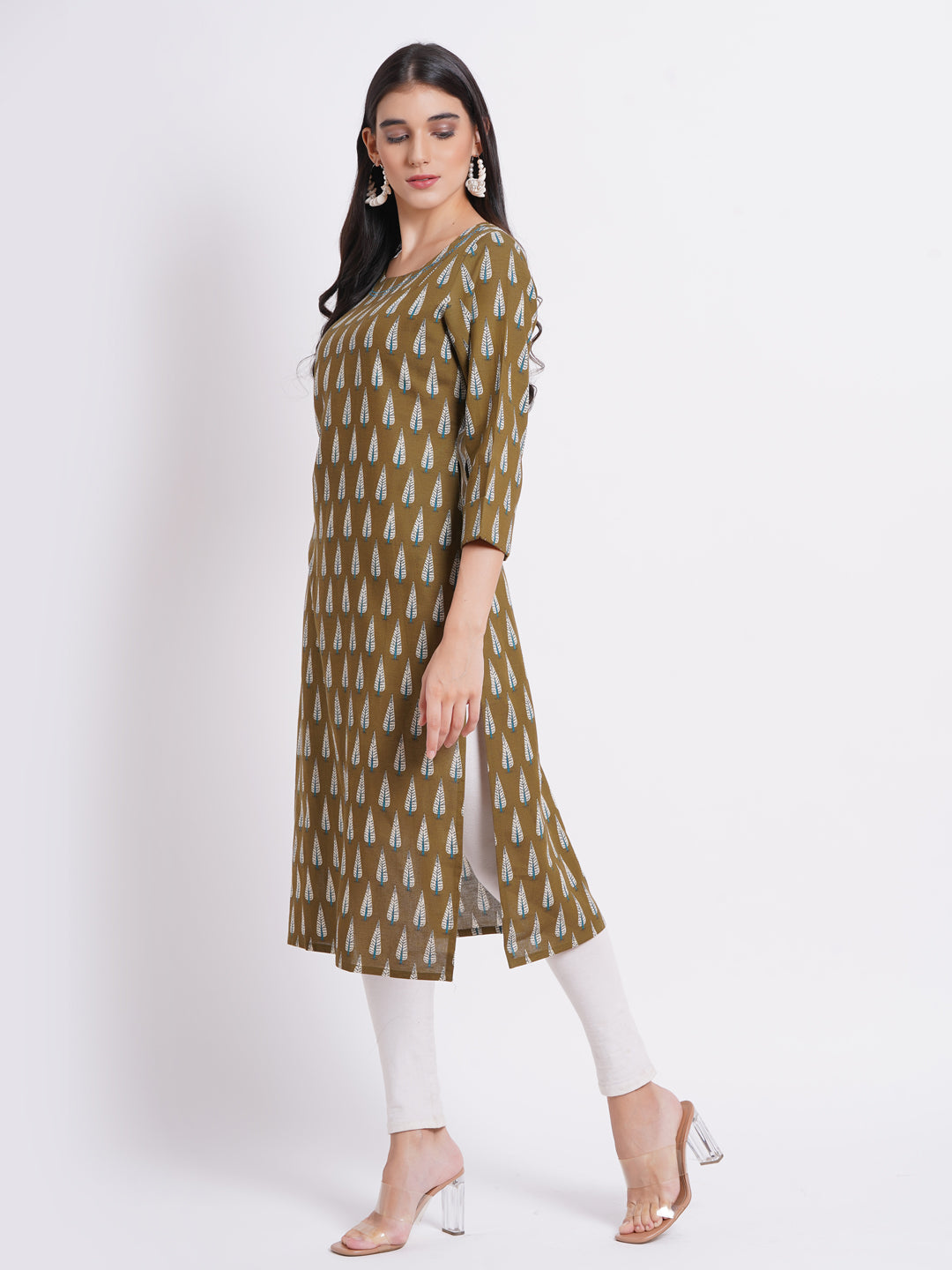 Rayon Linen Printed Boat Neck Kurti with Handwork Details