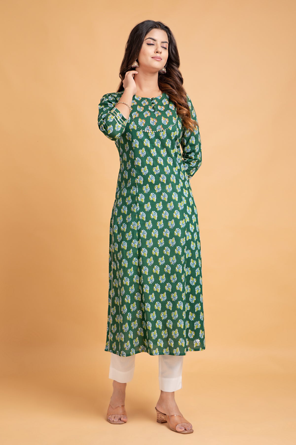 Floral A-Line Long Kurti with Craft Buttons & Lace Work