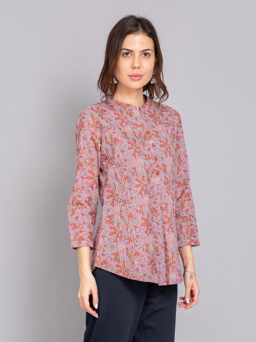 Mul Cotton Floral Printed Short Top with Pintuck Details