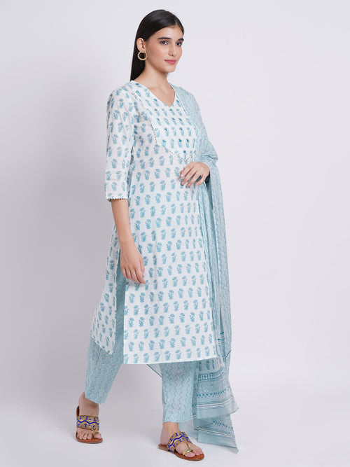 Hand Printed 3-Piece Kurta Set with Sequined Mirror Work