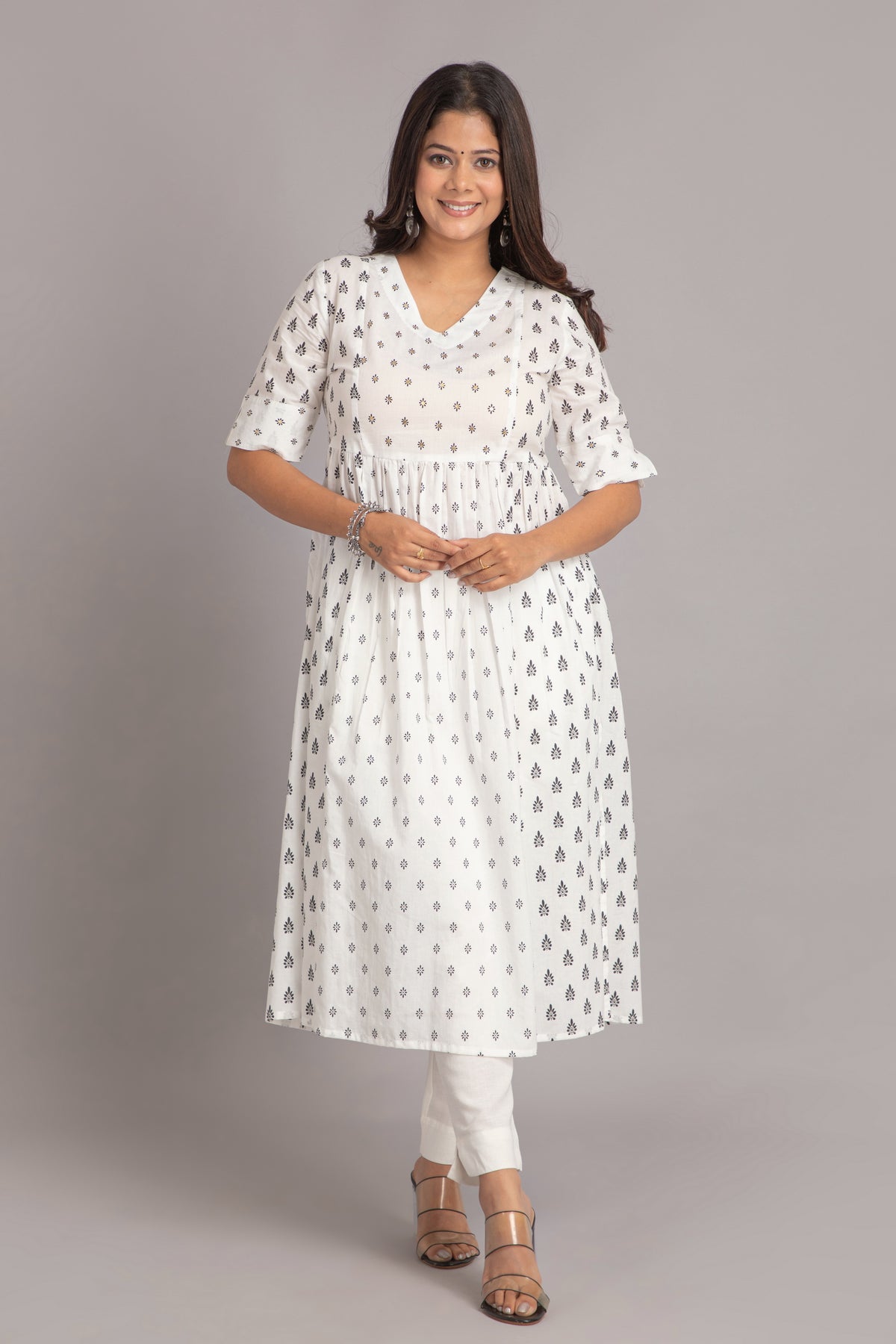 Mul Cotton Printed Flared Long Kurti with Sequin Detail