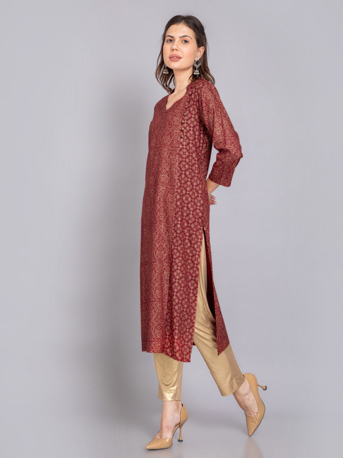 GOLD PRINTED FESTIVE LOOK KURTI EMBELLISHED WITH CRAFT BUTTONS