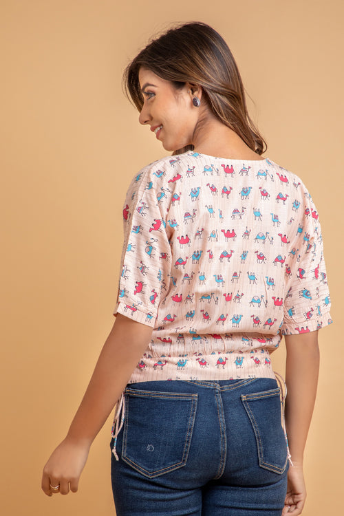 Printed V-Neck Balloon Crop Top