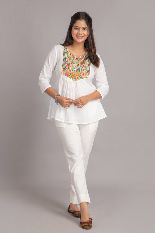 Flared Short Top with Multicolor Geometric Embroidery on Yoke