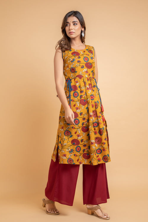 Floral Printed Rayon Kurta with Handcraft Details