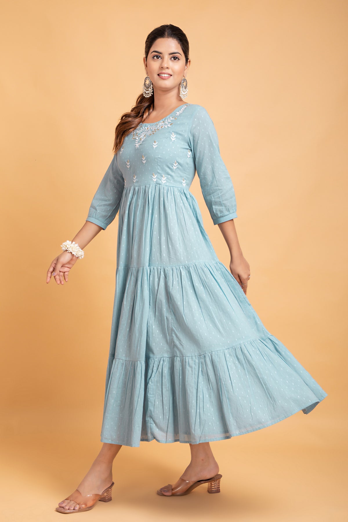 Dream Blue Cotton Dobby Embroidered Dress