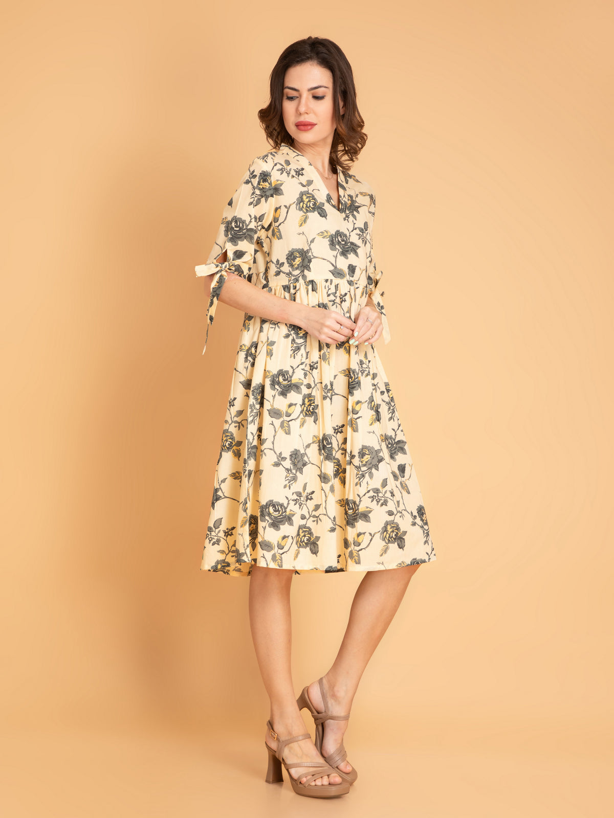 Floral Gold Print Mul Cotton Dress