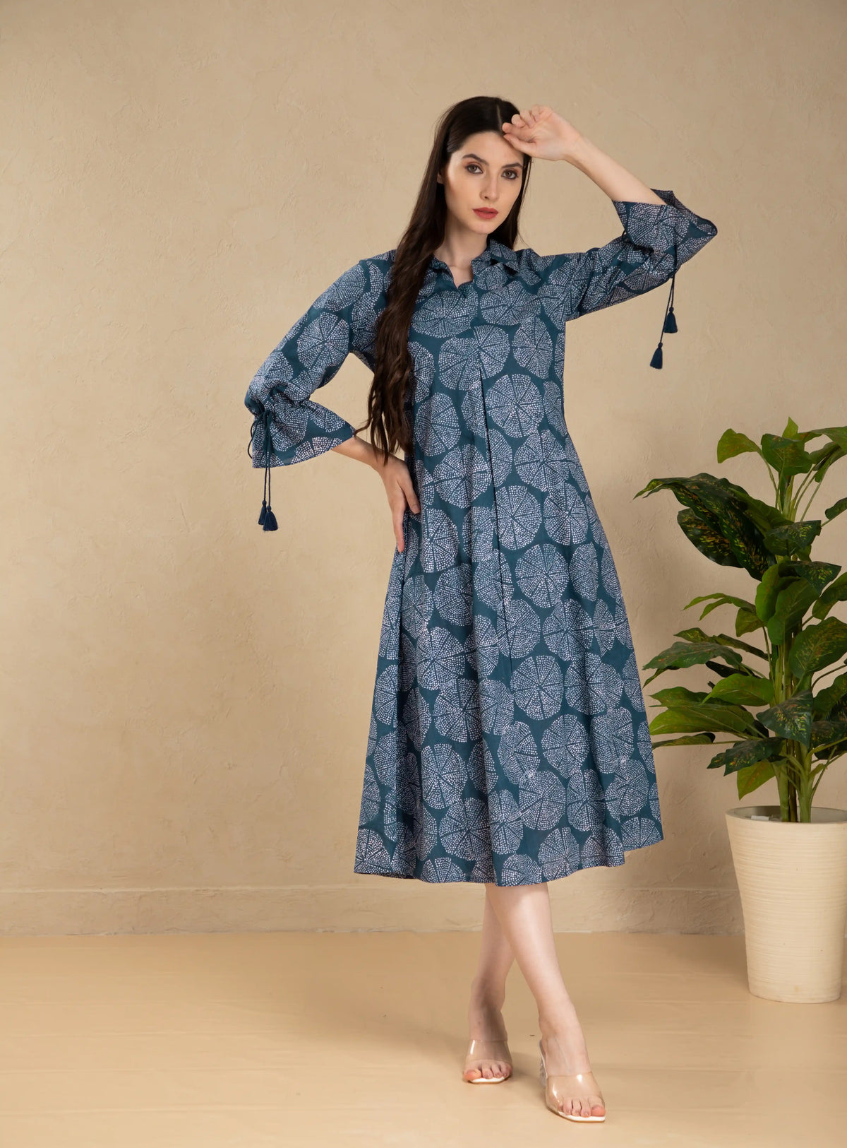 MUL COTTON INDIGO PRINTED FLAIRED DRESS EMBELLISHED WITH DORI LATKAN
