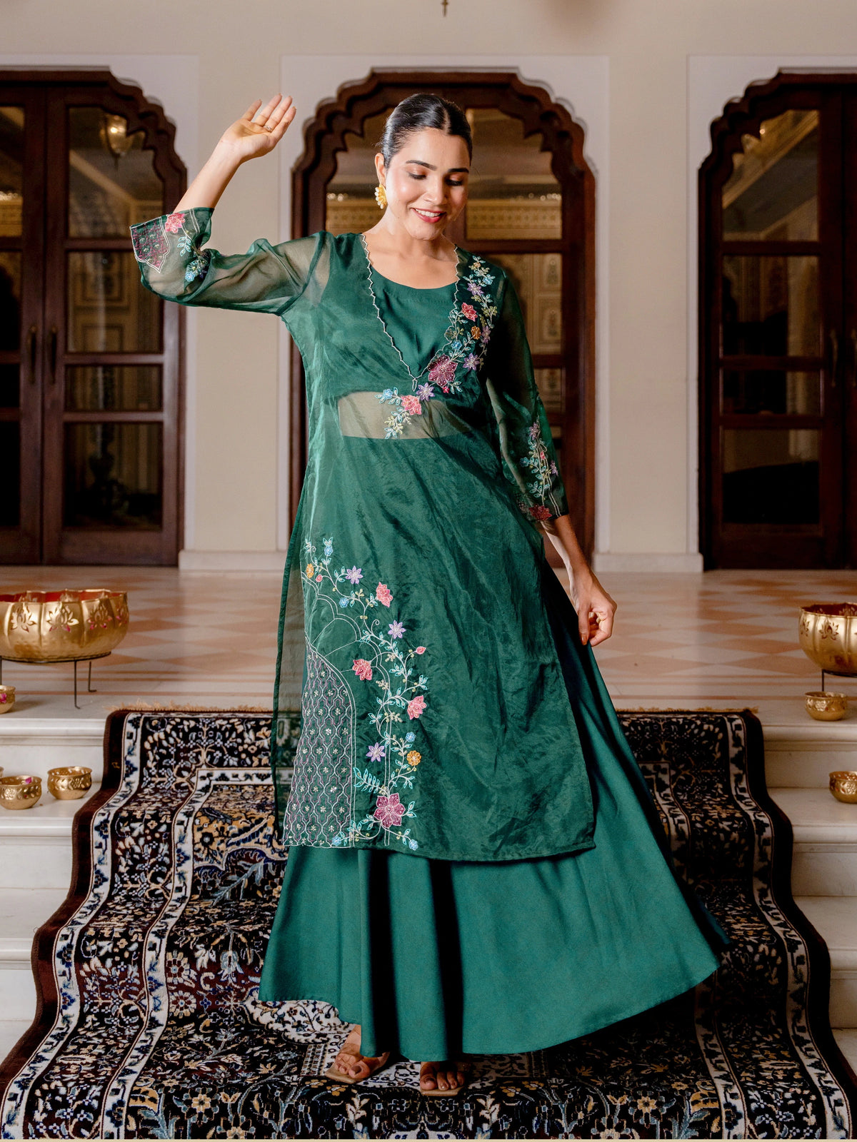 FUSION WEAR 3PC SKIRT TOP SET WITH ORGANZA EMBROIDER LOYERED KURTI.