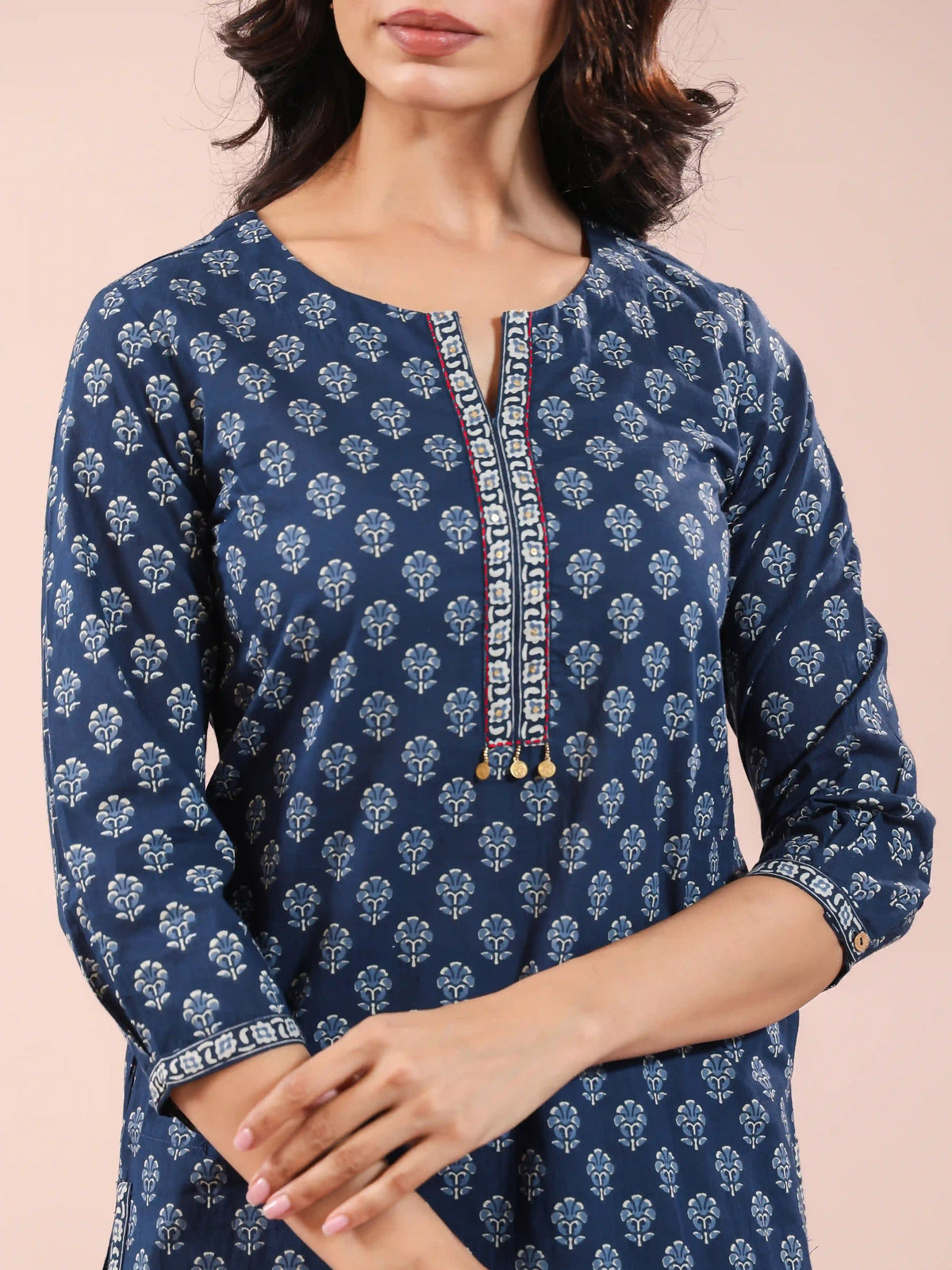 MUL COTTON BAGRU PRINTED KURTI EMBELLISHED WITH HAND CRAFT DETAILS