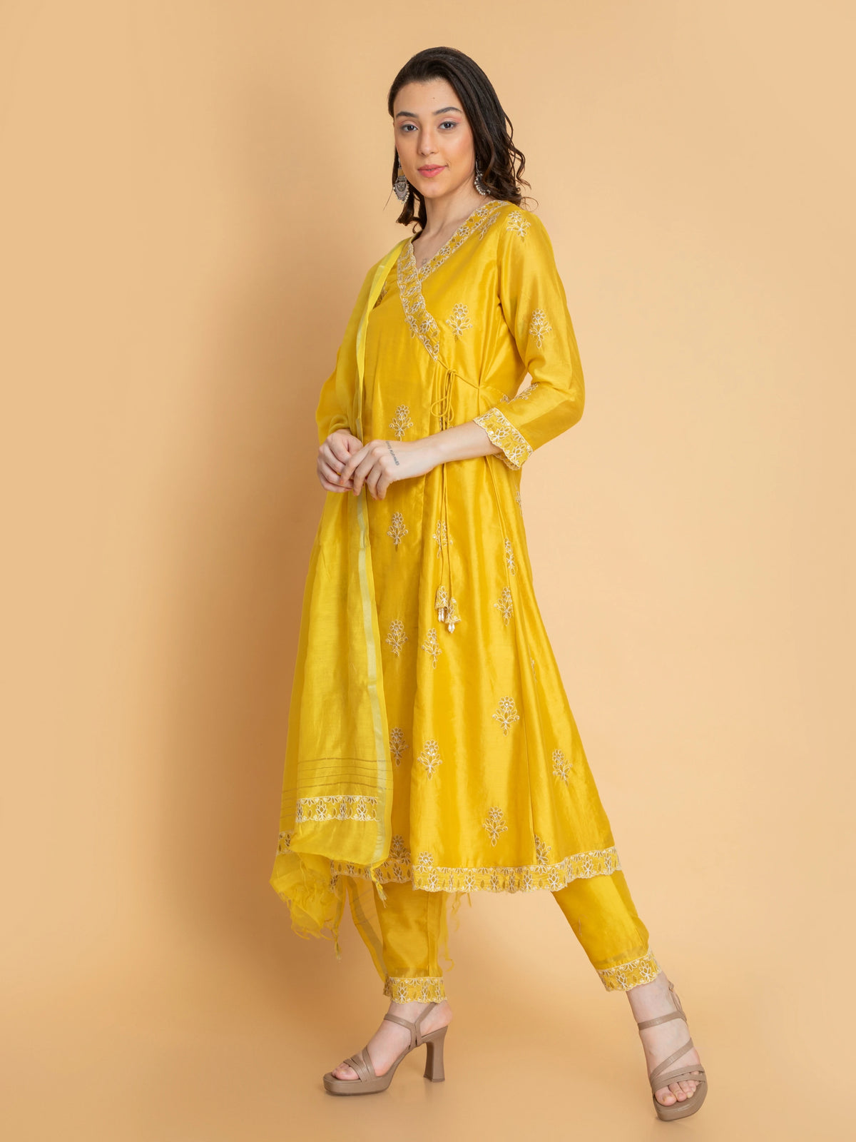 CHIKANKARI EMBROIDERED CHANDERI 3PC ANGRAKHA SET EMBELLISHED WITH DORI LATKAN