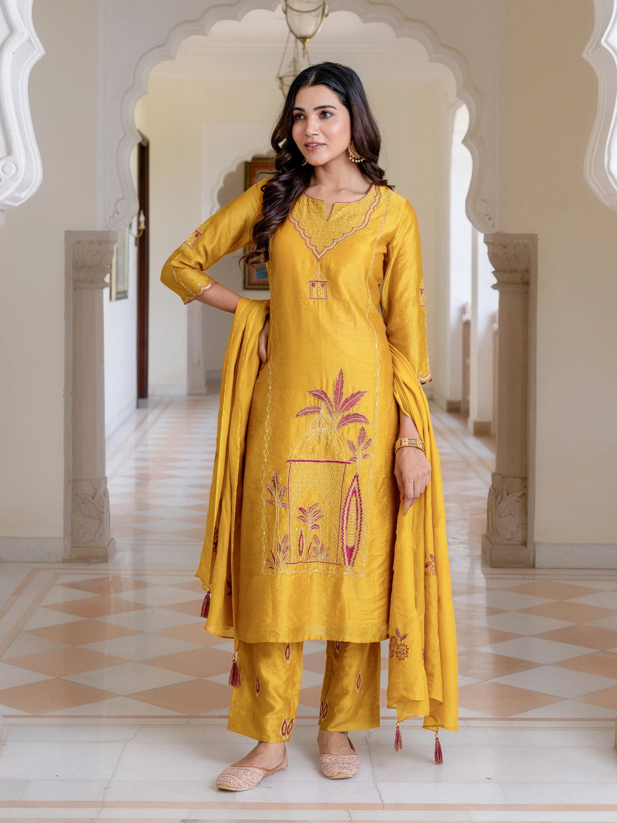 RICH SILK 3PC SET EMBELLISHED WITH PLACEMENT EMBROIDERY & ADDA WORK DETAILS