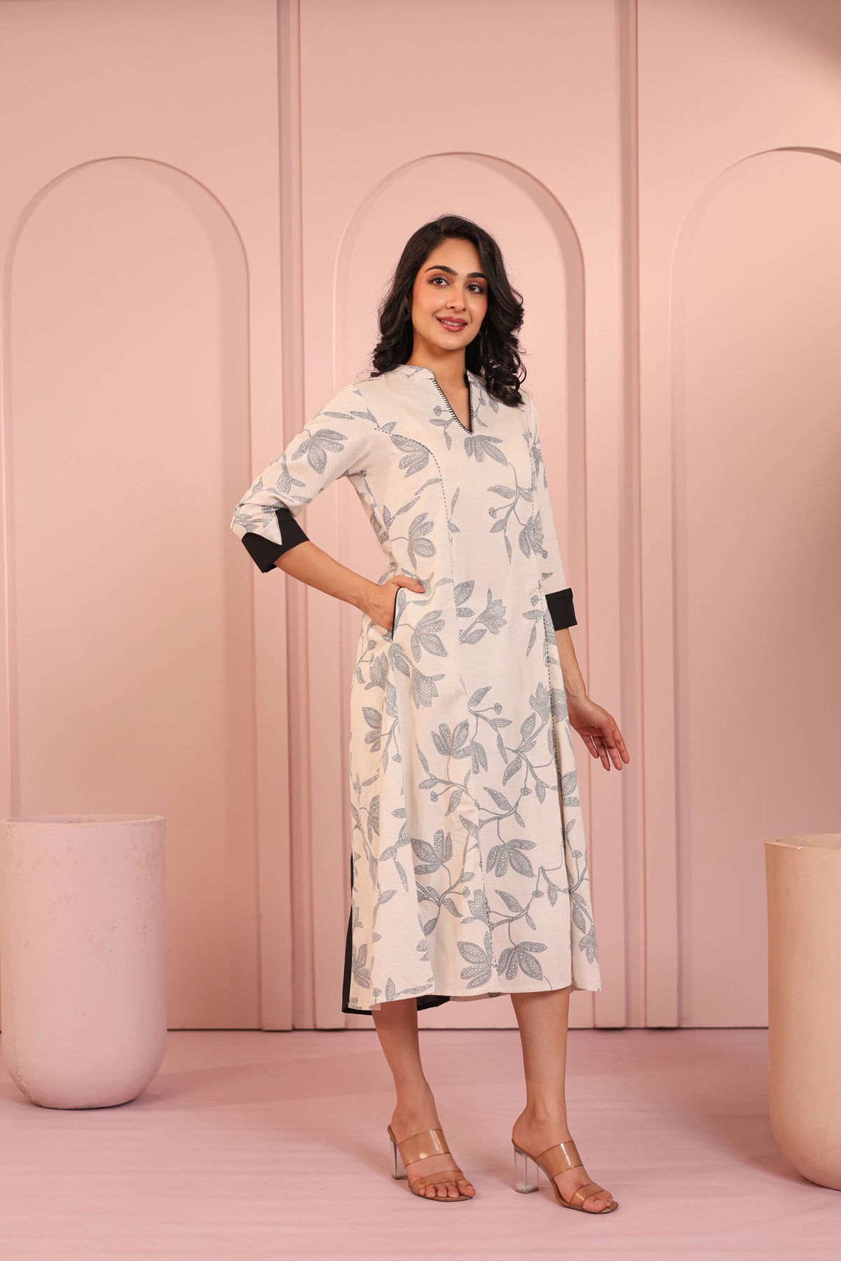 LINEN BLEND KHADI PRINTED FASHION WEAR DRESS EMBELLISHED WITH HAND CRAFT DETAIL