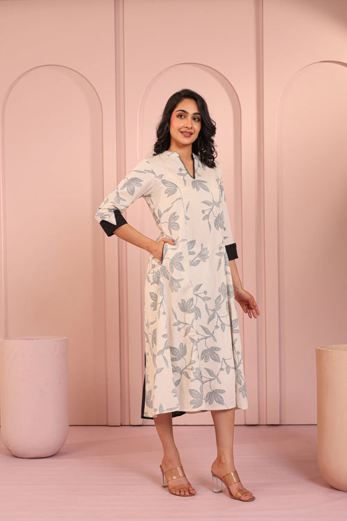 LINEN BLEND KHADI PRINTED FASHION WEAR DRESS EMBELLISHED WITH HAND CRAFT DETAIL