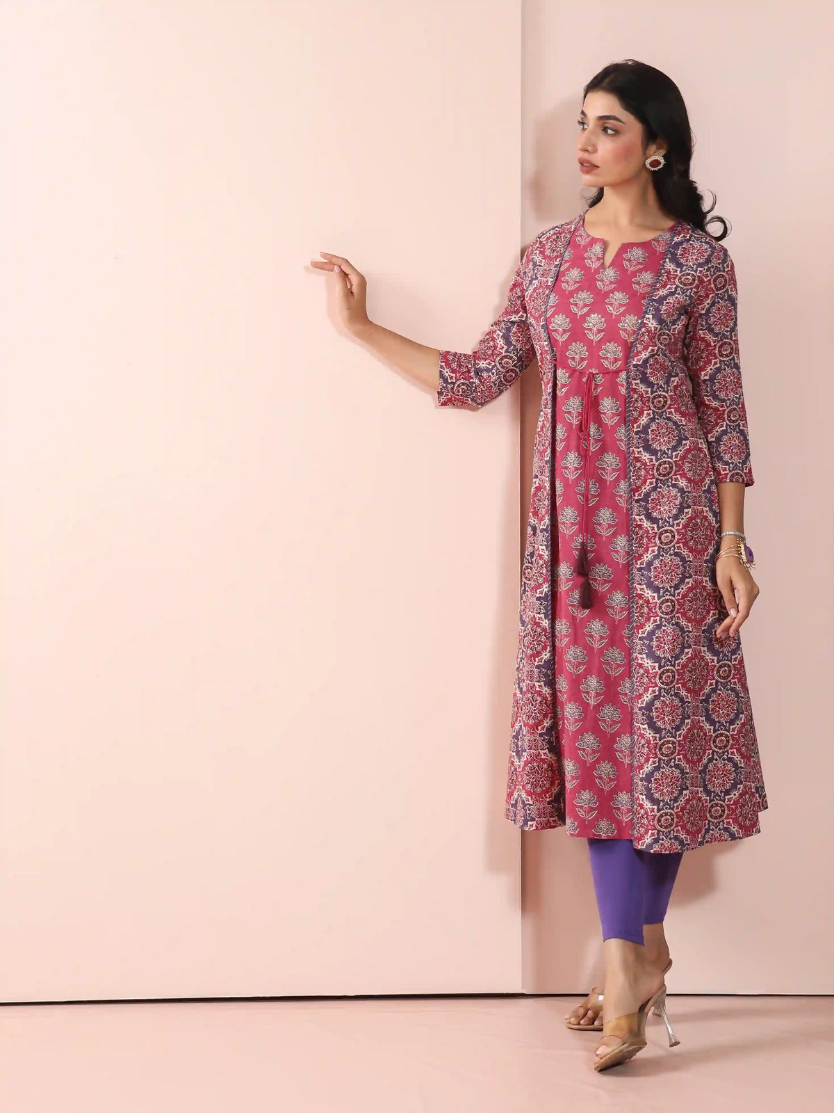 MUL COTTON AJRAK PRINTED SHRUG LOOK KURTI EMBELLISHED WITH ADDA WORK CRAFT