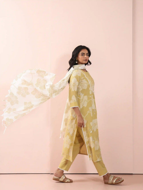 MUL COTTON KHADI FOIL PRINTED 3PC KURTA SET