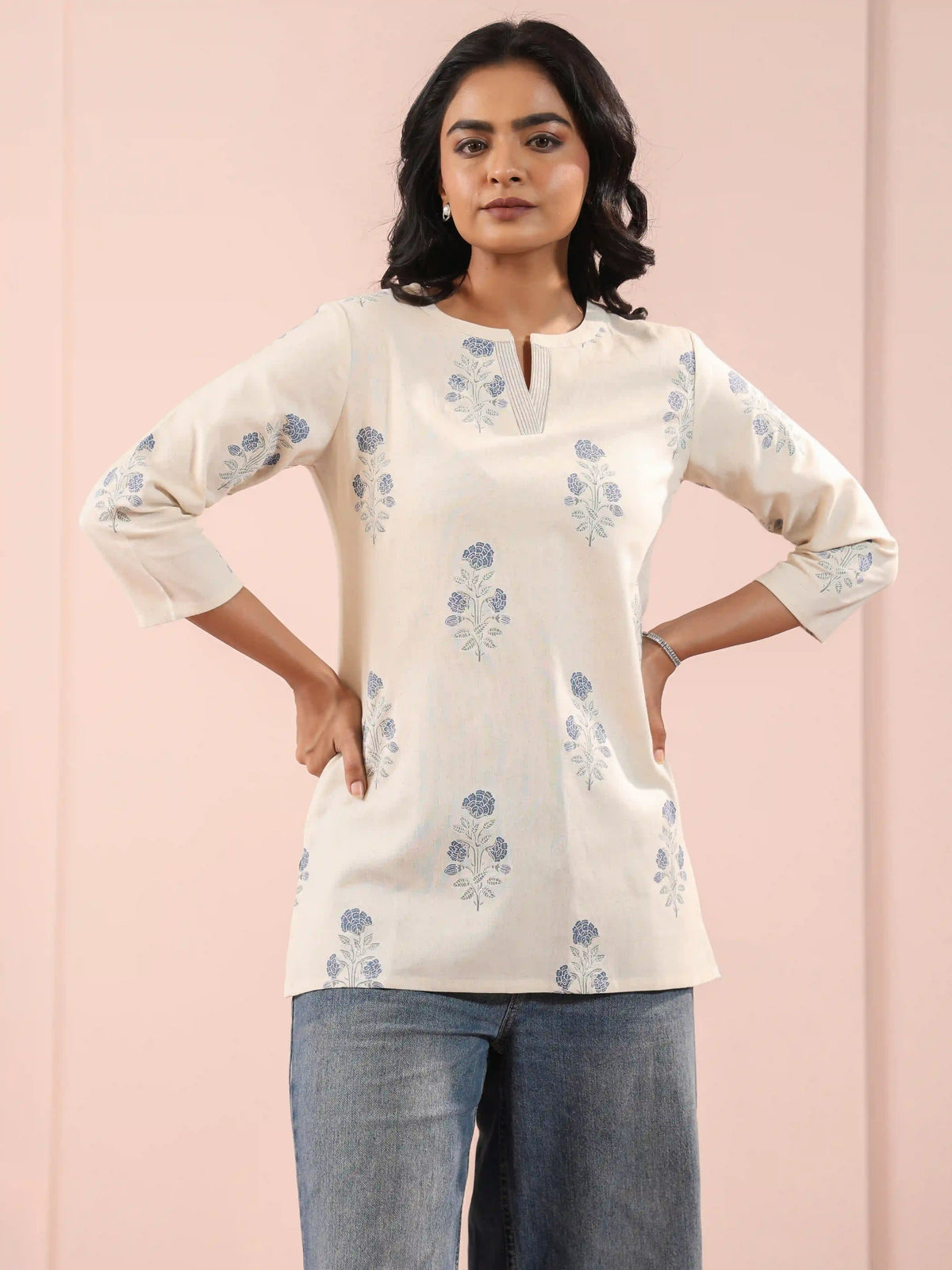 Women Indigo Blue linen-blend-short-top-embellished-with-had-craft-details