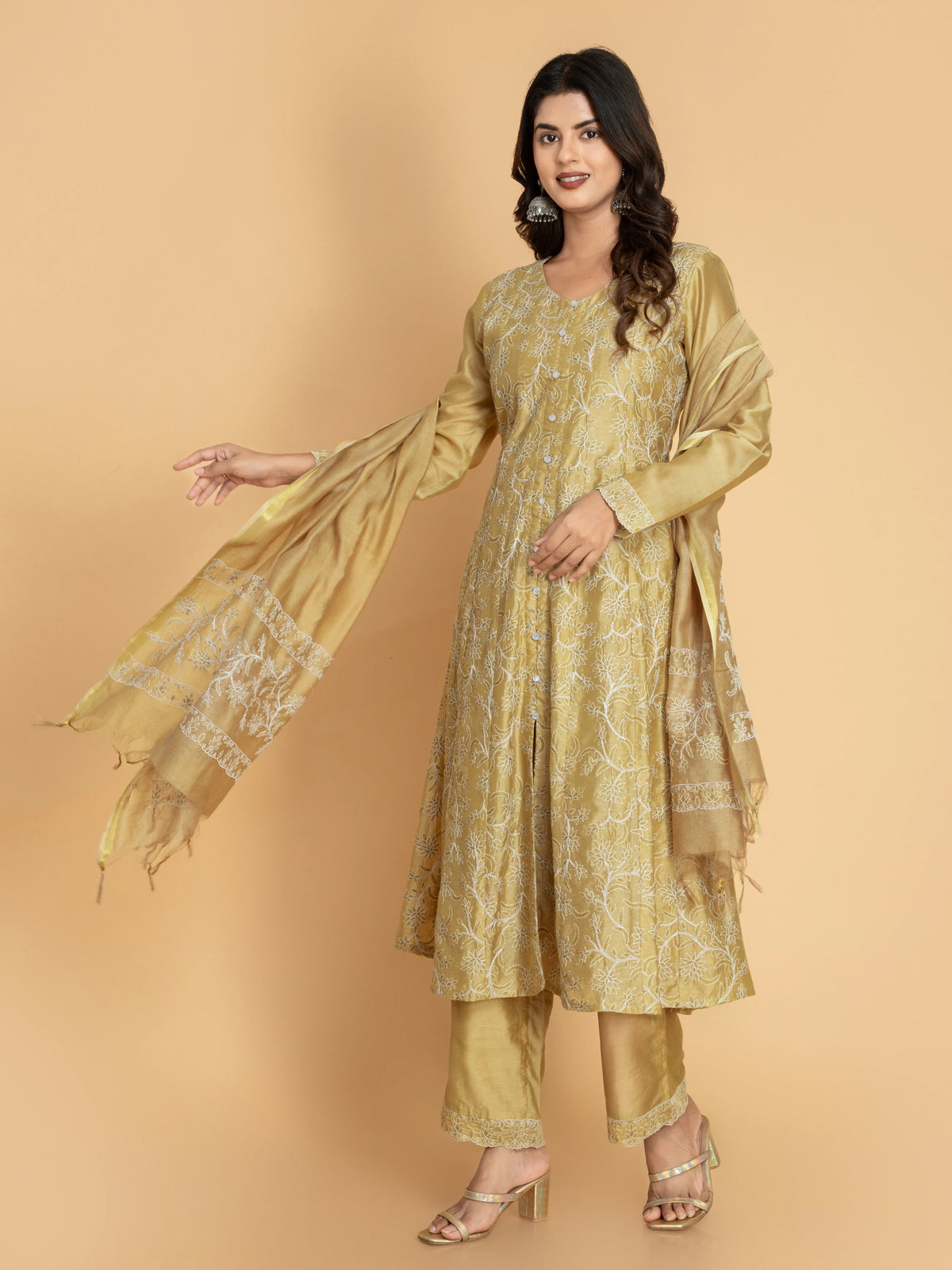 CHIKANKARI EMBROIDERY 3PC KALIDAR CHANDERI SUIT SET