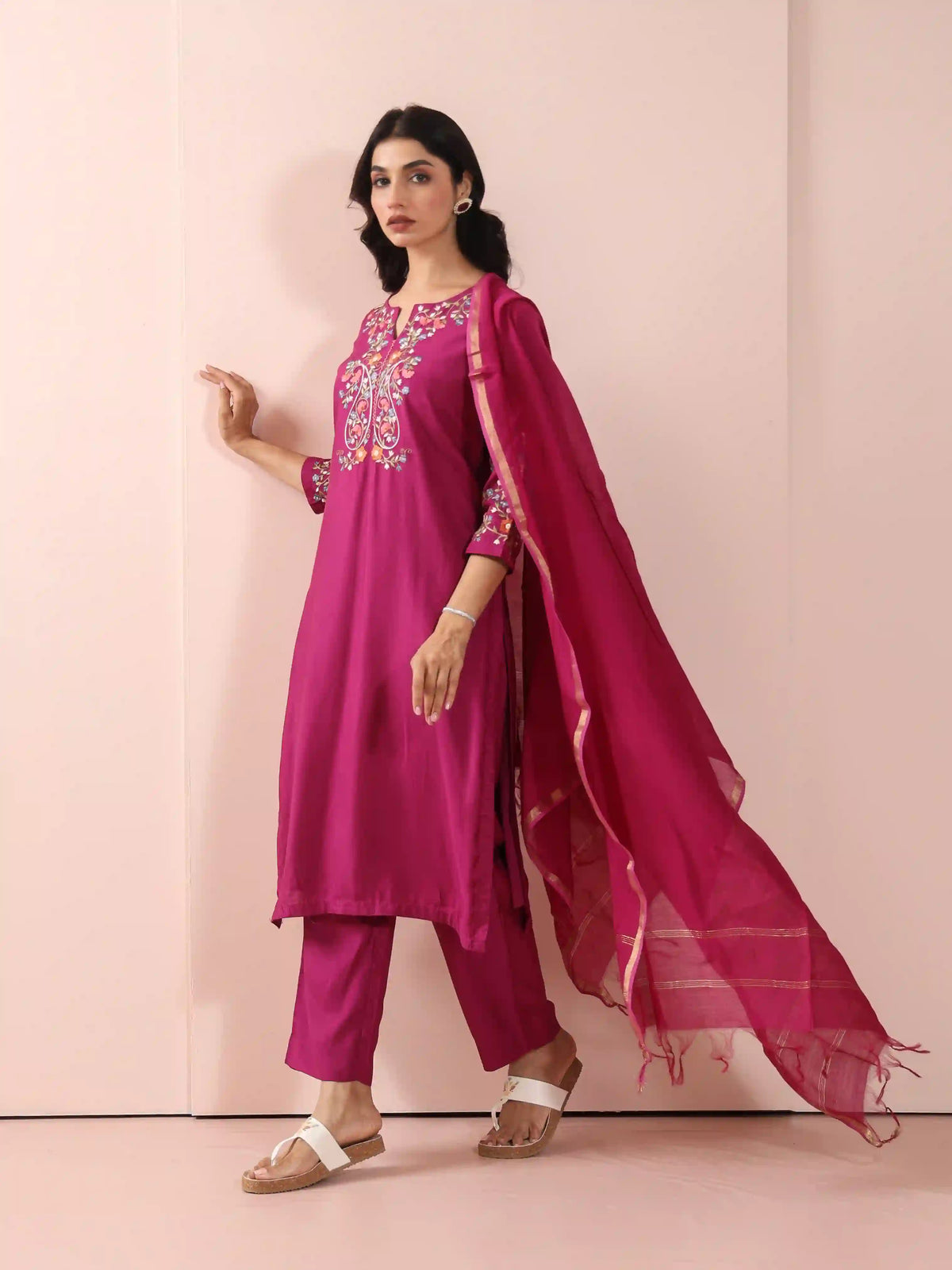 Muslin Silk 3PCS Kurta Pant Set with Embroidery