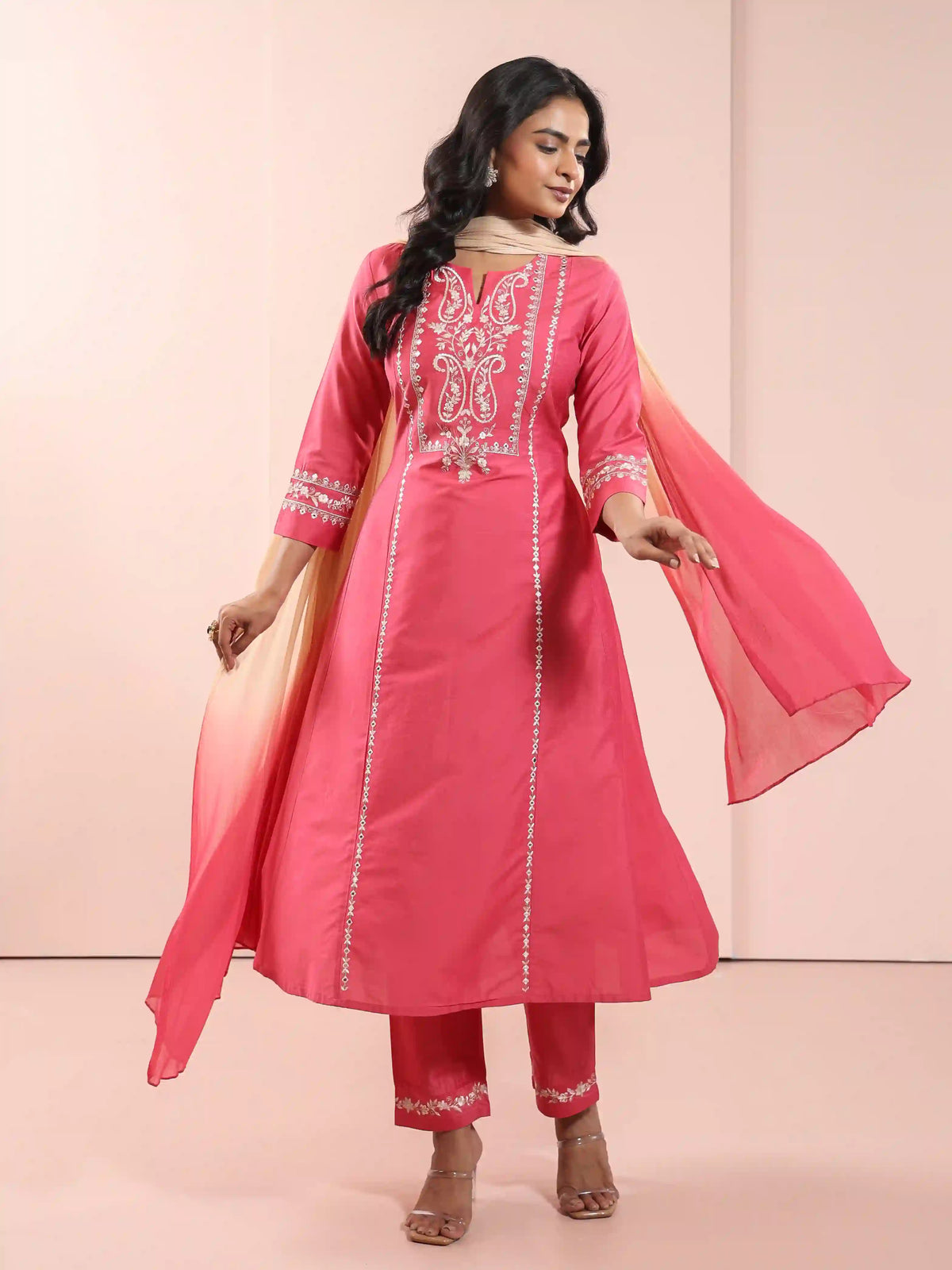 MIRROR EMBROIDERED 3PC FLAIRED KURTA SET PAIRED WITH CHIFON OMBREY DUPATTA