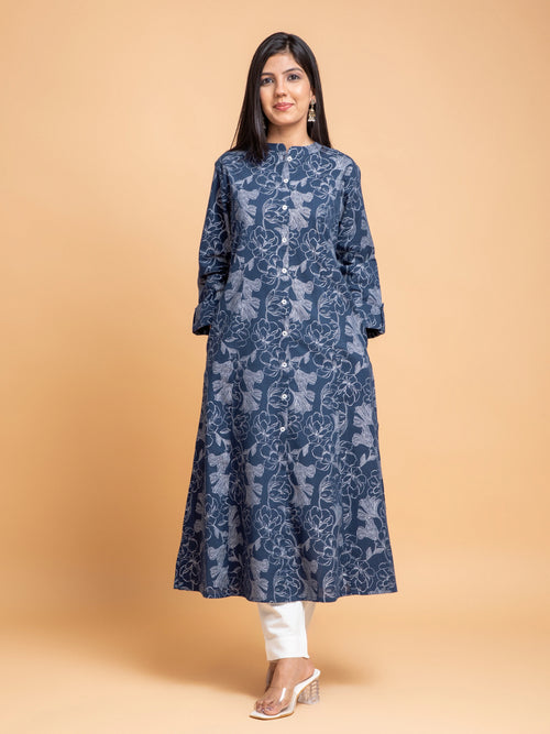 SILVER FLORAL PRINTED A-LINE PRINCESS CUT KURTI