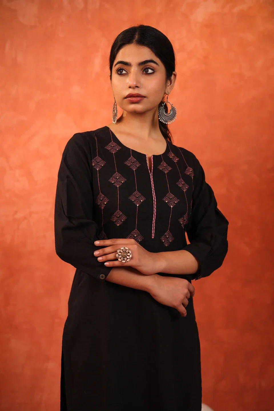 Women Black Color cotton-slub-embroidered-kurti-with-sequence-highlight