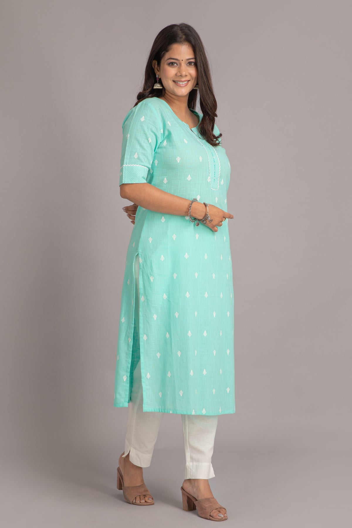 Printed Long Kurti with Embroidery & Bead Work