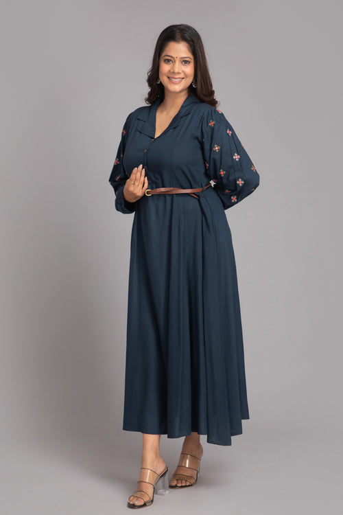 Embroidered Long Flared Dress