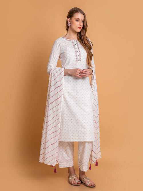 PARTY WEAR EMBROIDERED KURTA SET PAIRED WITH LEHARIYA DUPATTA