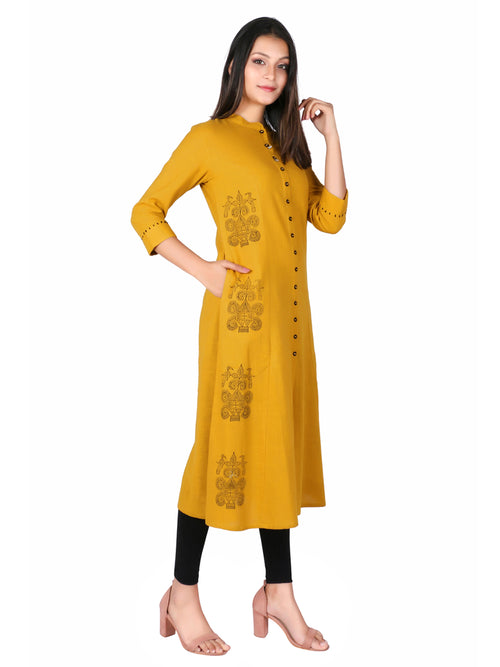 Hand Block Printed A-Line Kurti with Metal Buttons