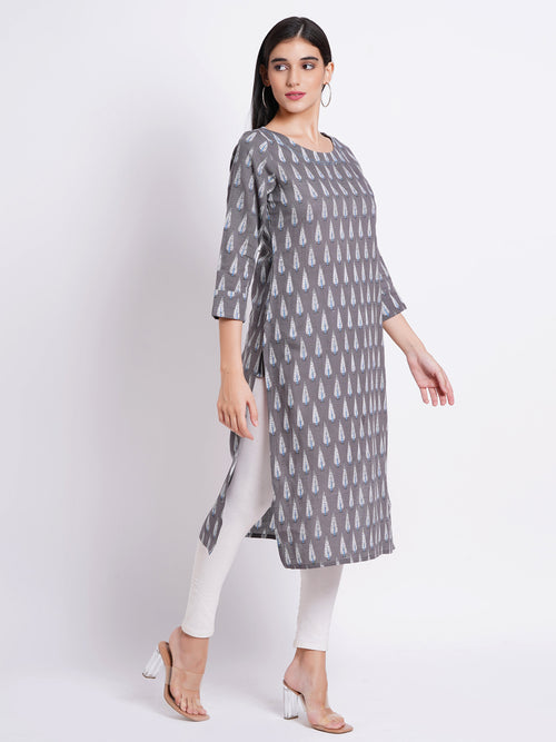 Rayon Linen Printed Boat Neck Kurti with Handwork Details