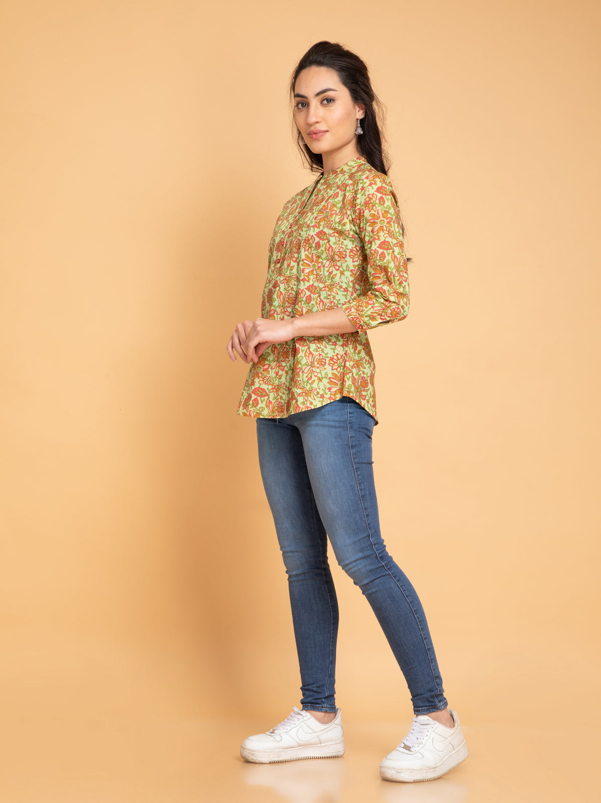 Mul Cotton Floral Printed Short Top with Pintuck Details